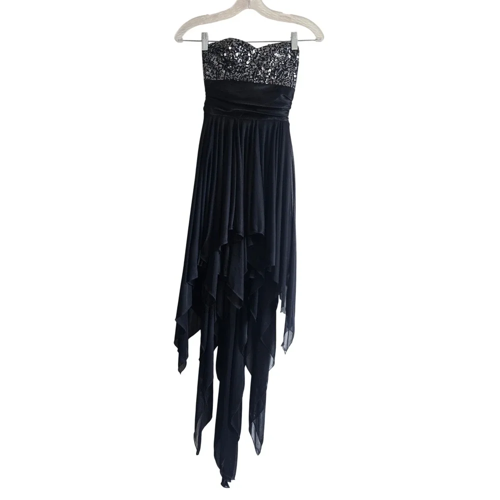 B. Darlin Size 1/2 Dress Women Black Excellent Sequin High Low Handkerchief Hem